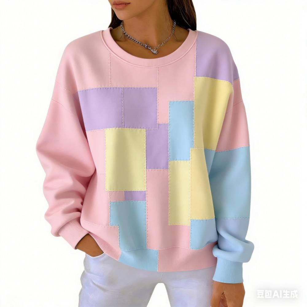 אופנת אביב שילוב צבעים חולצת טי לנשים קז'ואל הדפס וינטג' פולאובר לנשים בגדי שרוול ארוך קז'ואל בחוץ חולצות טי עליון