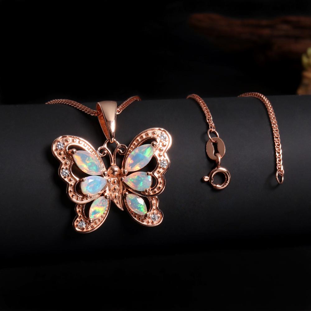 Gorgeous butterfly shape design October Birthstone Natural Opal 18K rose gold and silver pendant necklace Women and girl gift