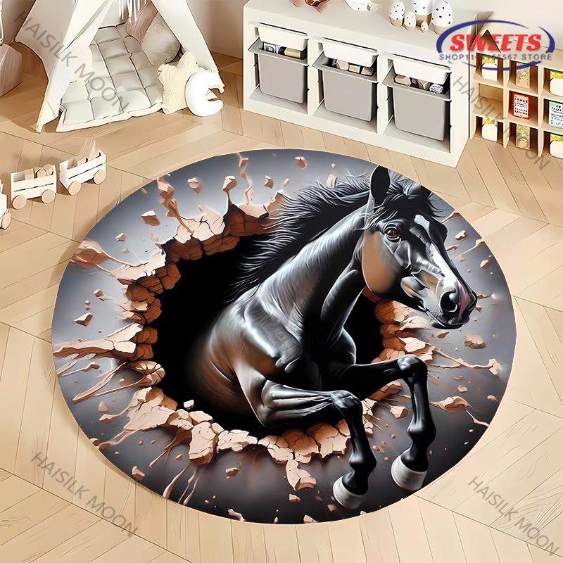 Super Shocking 3D Space Art Horse Printed Round Rug, Chair Carpet, Children Playing Mat Living Room Bedroom Rug,Non-slip Doormat