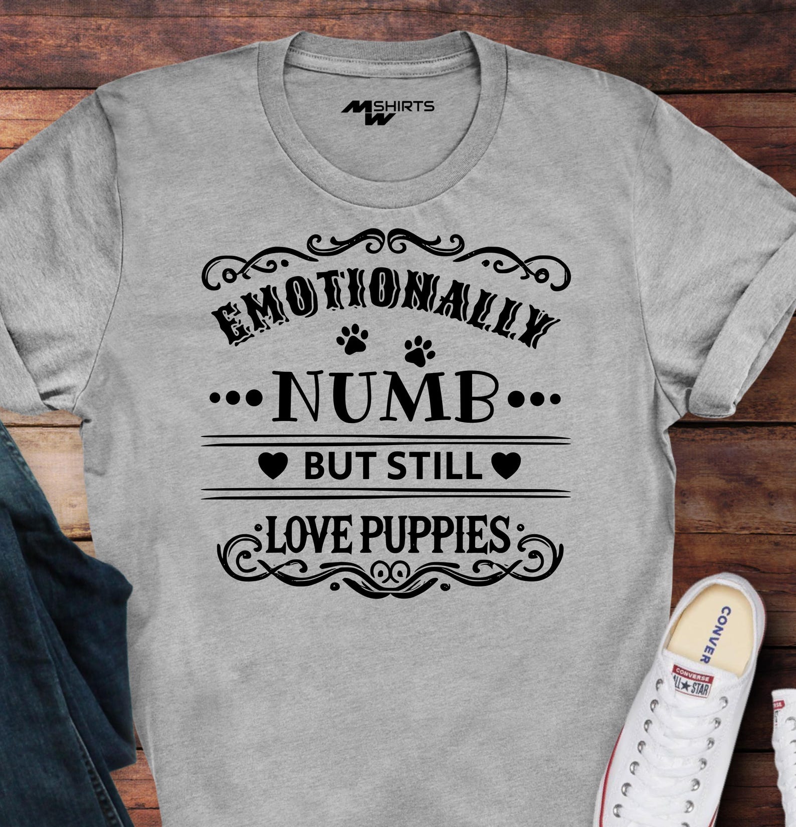Vintage Engraving T-Shirt - Emotionally Numb - But Still Love Puppies/ Unisex Softstyle T-Shirt 3XL