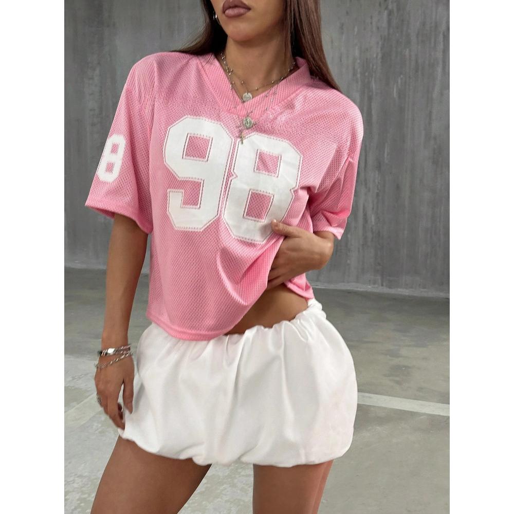 Sommer T-Shirt Sporttrikot T-Shirt mit einfachem Ziffern 98 Muster Kurzärmlig Vielseitig Klassisch Retro T-Shirt Lässiges Oberteil