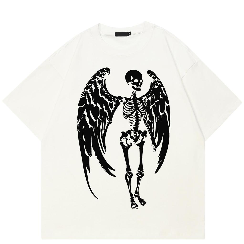 Halloween Bothsides Skeleton Graphic T-Shirt Cotton Washed Black Tshirt Unisex Tops Tees Summer Short Sleeves T Shirt