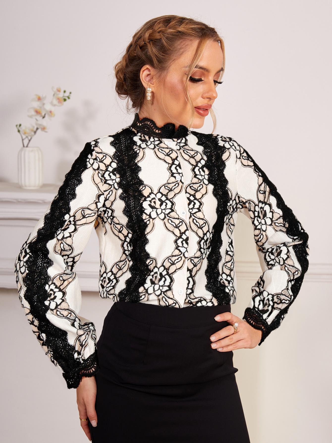

Элегантный кружевной топ с оборками, облегающего кроя, с длинным рукавом для женщин на весну и осень 2025 года M чёрный/белый