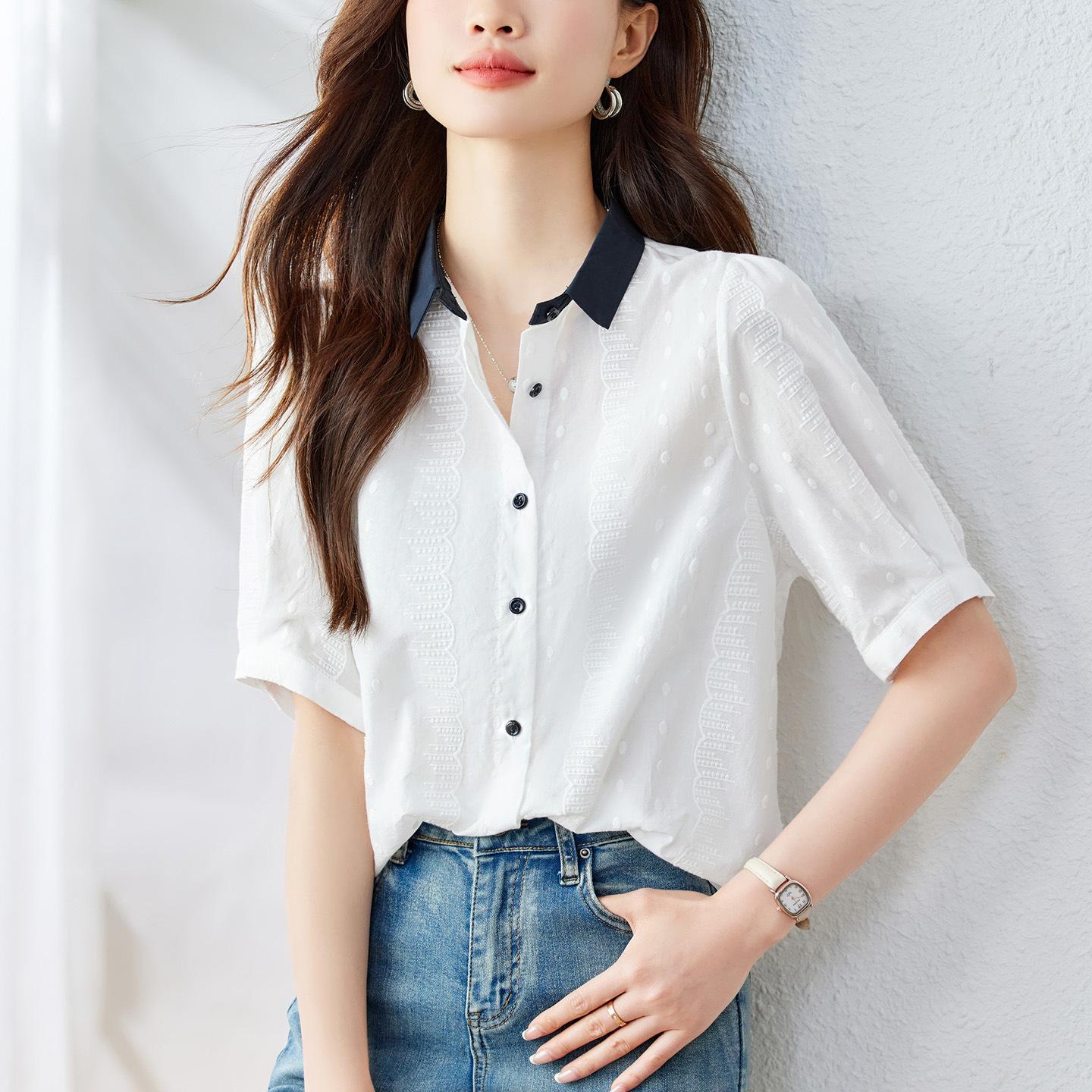 

Ретро Контрастный Цвет Нежный Омолаживающий Лацкан Тяжелая Промышленность Вышитая Бежевая Рубашка с Коротким Рукавом для Женщин XXL белый