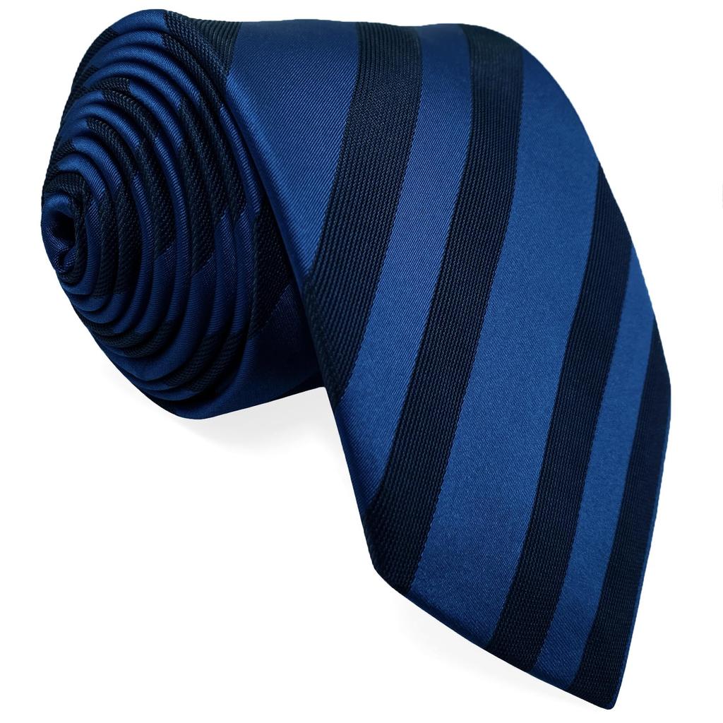 [S&W SHLAX&WING] Men's Tie Set, Striped, Pocket Square, Two-Tone, Navy Dark Royal Blue, Groom's Side, Slim Fit