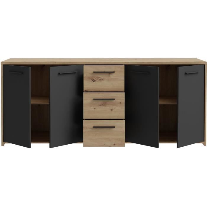 PILVI sideboard - Contemporary style - Melamine particles - Artisan oak and black decor - 4 doors + 3 drawers - L179.2 x D42 x H74.5