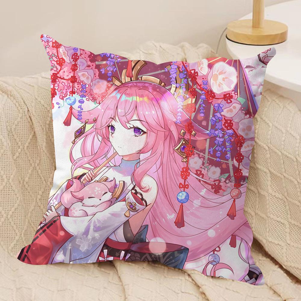 Yae Miko Genshin Impact Cushion Cover Silky Short Plush Invisible Zipper Dustproof Sofa Pillow Case For Home Decor