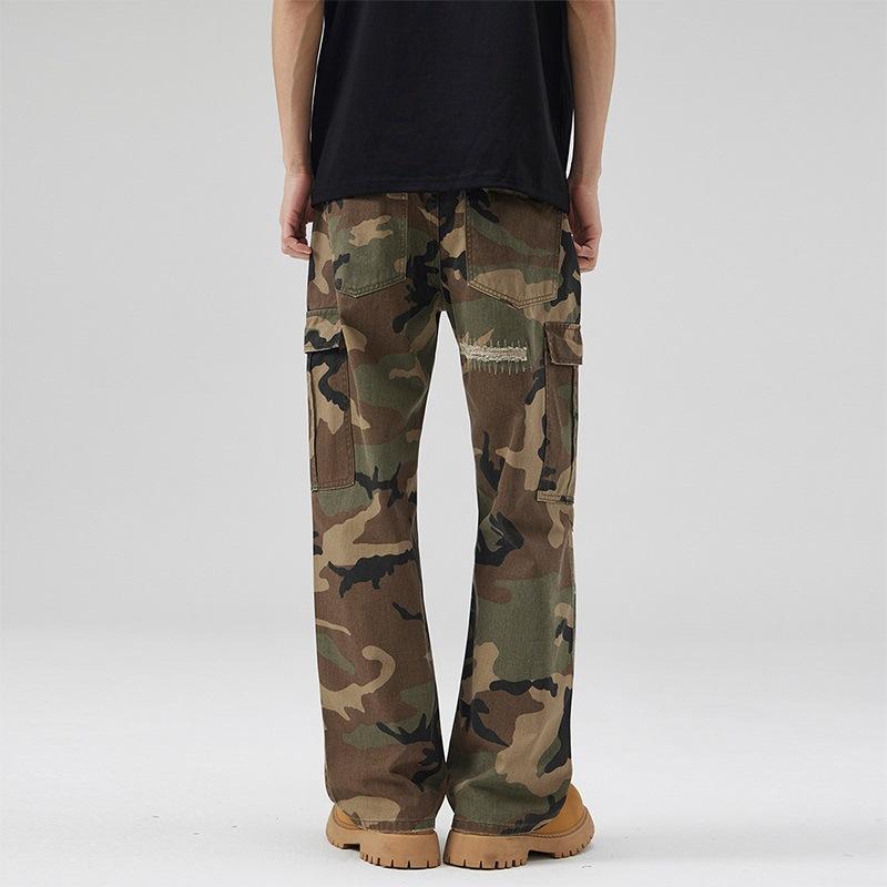 Spring and Summer Ripped Patch Embroidered Camouflage Work Pants Men's Straight Paratrooper Trousers