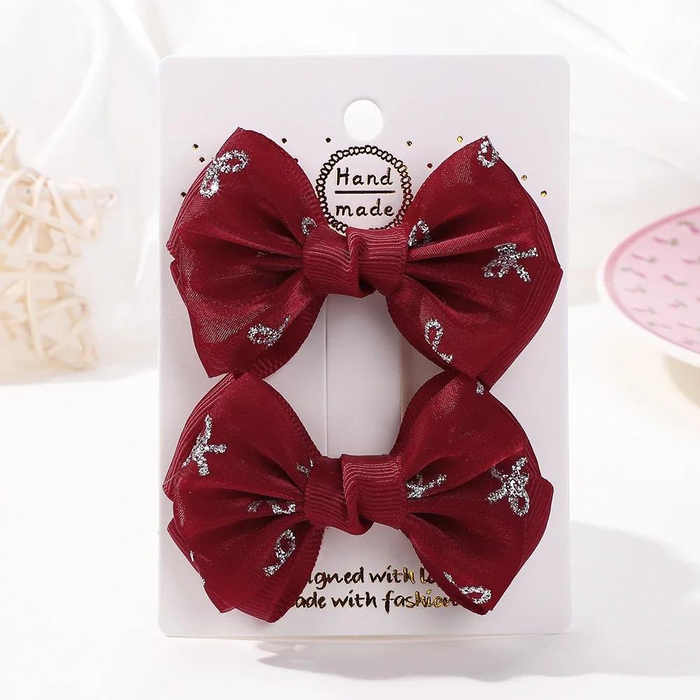 2PCS /Set Embroidery Bowknot Hair Clips 2.7inch Cheer Bows Handmade Hairgripes for Kids Girls Headdress Hair Accessories