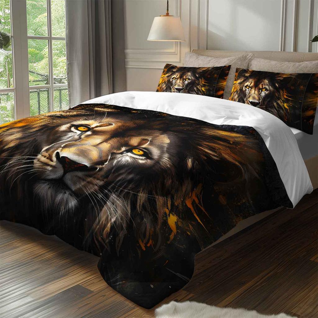 3pcs Fierce Lion King Bedding Duvet Cover Set Abstract Lion Bedding Quilt Set Wild Animal Themed Bed Set Luxury Bedroom Decor
