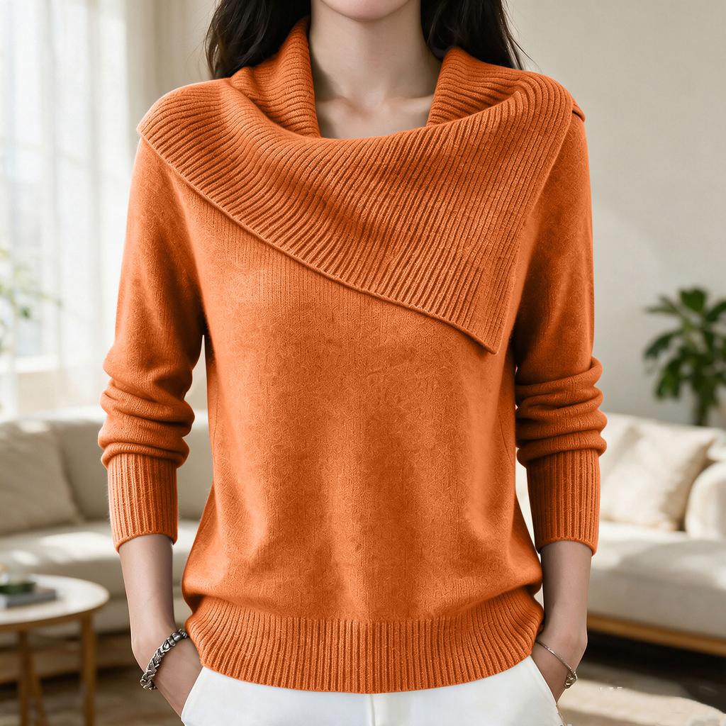 Women's Retro Color Slim Fit Turn-Down Collar Sweater Pullover