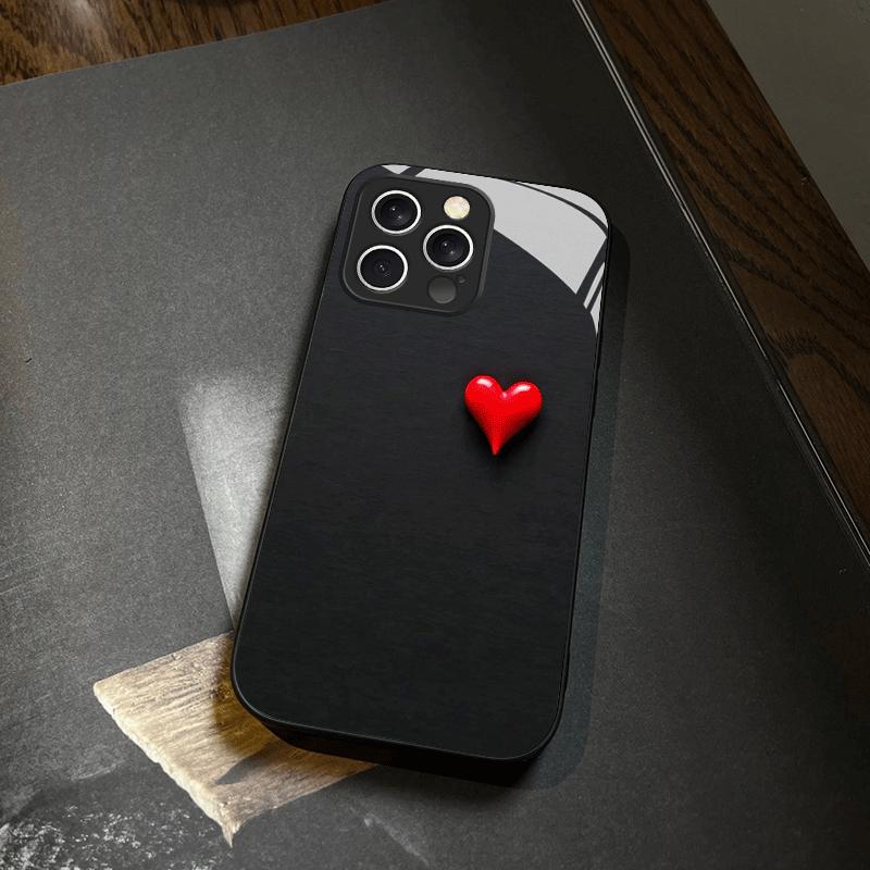 Black background and small red heart glass phone case suitable for iPhone 17 16 15 14 13 12 11Pro Max Plus shockproof back cover