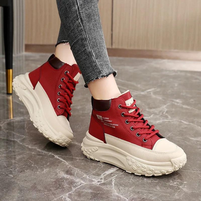 2025 Autumn Casual Sneakers Shoes Color Blocking Thick Bottom Heightening Women Shoes Winter Leather Fashion Outdoor Flat Shoes