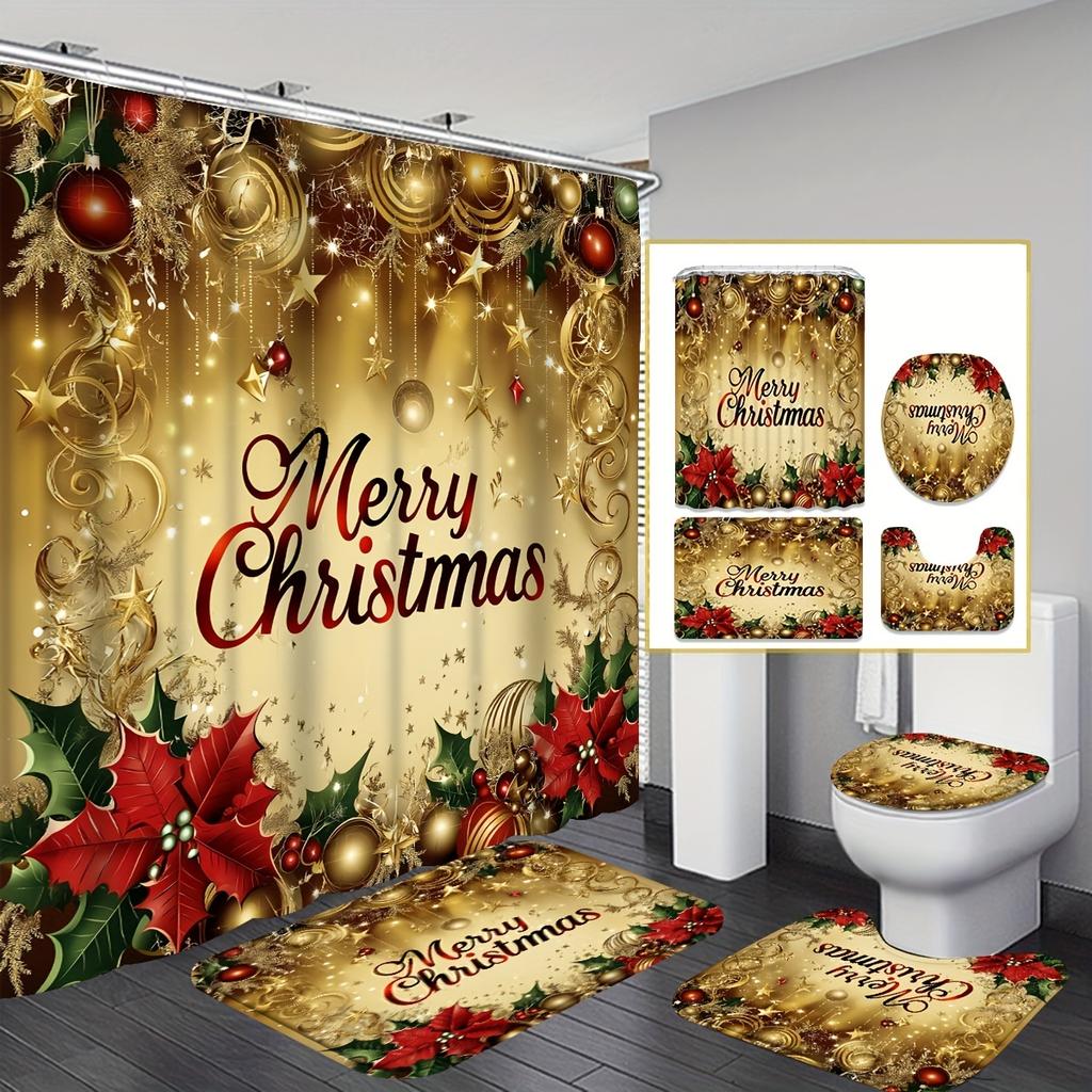 4Pcs Bathroom Shower Curtain Set Winter Christmas Bell Pattern Bathroom Curtain With 12 Hooks Non Slip Rugs Toilet Cover Mat Bathroom Partition
