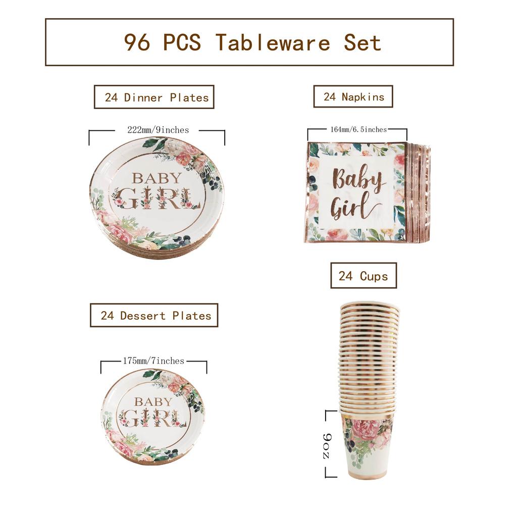 Rose Gold Floral Baby Shower Party Tableware Set 24 Eco-friendly Plates Napkins Cups Knives Forks Table Decorations