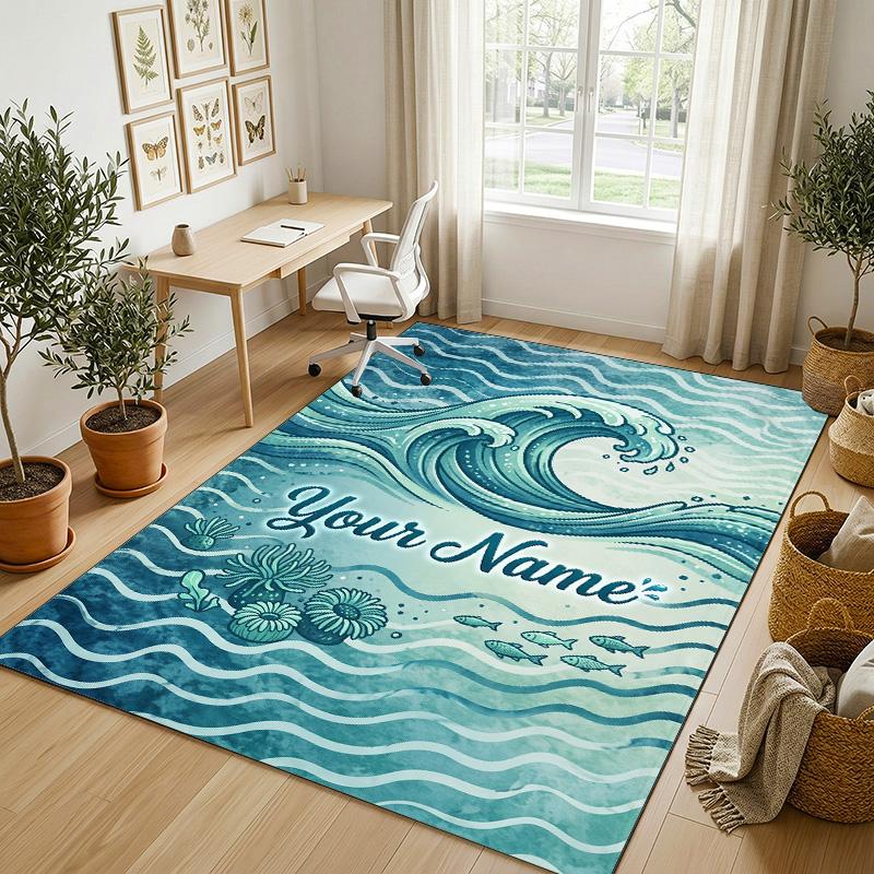 Ocean Waves Theme Soft Crystal Velvet Rug Custom Name & Text Print Non Slip Floor Rug for Bedroom Living Room