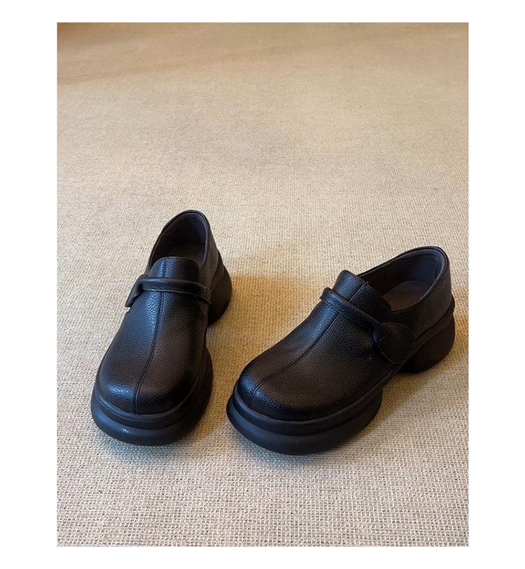 Soft Leather Version~ British Thick-soled Heightening Casual Round Head Velcro Loafers Women's Retro Black Small Leather Shoes Single Shoes