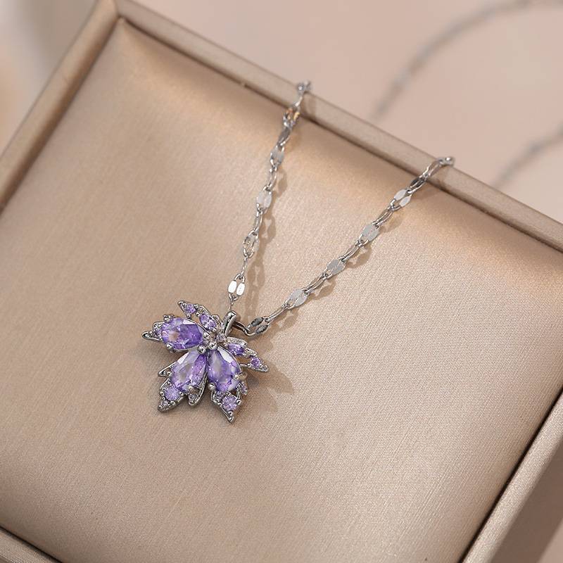 316L Stainless Steel Red Maple Leaf Crystal Pendant Necklace For Women Girl New Trend Clavicle Chain Jewelry Gift Party