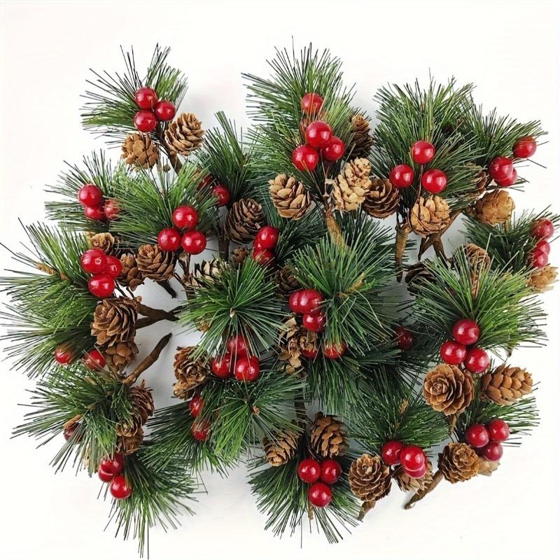 10pcs Festive Artificial Pine Picks with Red Berries Pinecones Americana Style Faux Pine Needle Sprigs for DIY Christmas Wreaths.