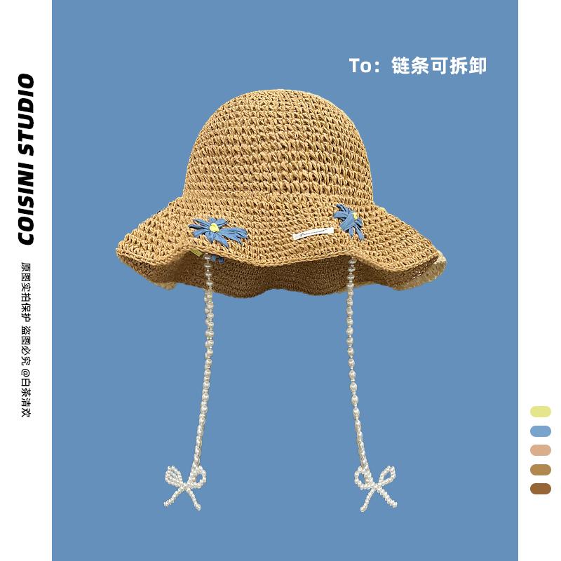 

Жемчужная цепочка цветок соломенная шляпа-ведро летняя ажурная приморский отдых солнцезащитная шляпа пляжная солнцезащитная шляпа для девочек Child (52-54cm)