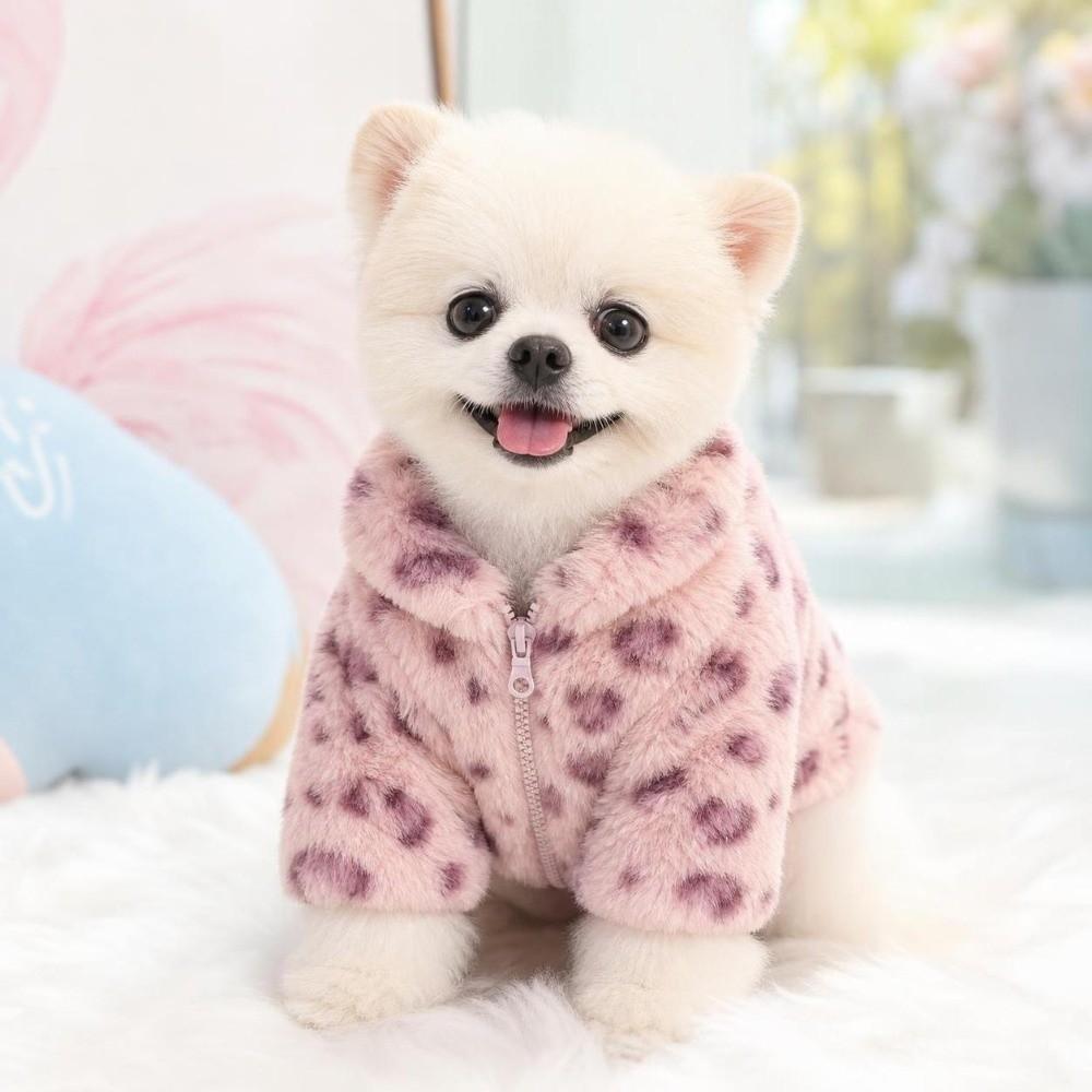 Windproof Dog Warm Clothes Love Leopard Print Plush Dogs Coat Dog Bodysuit  for Small Medium Dog