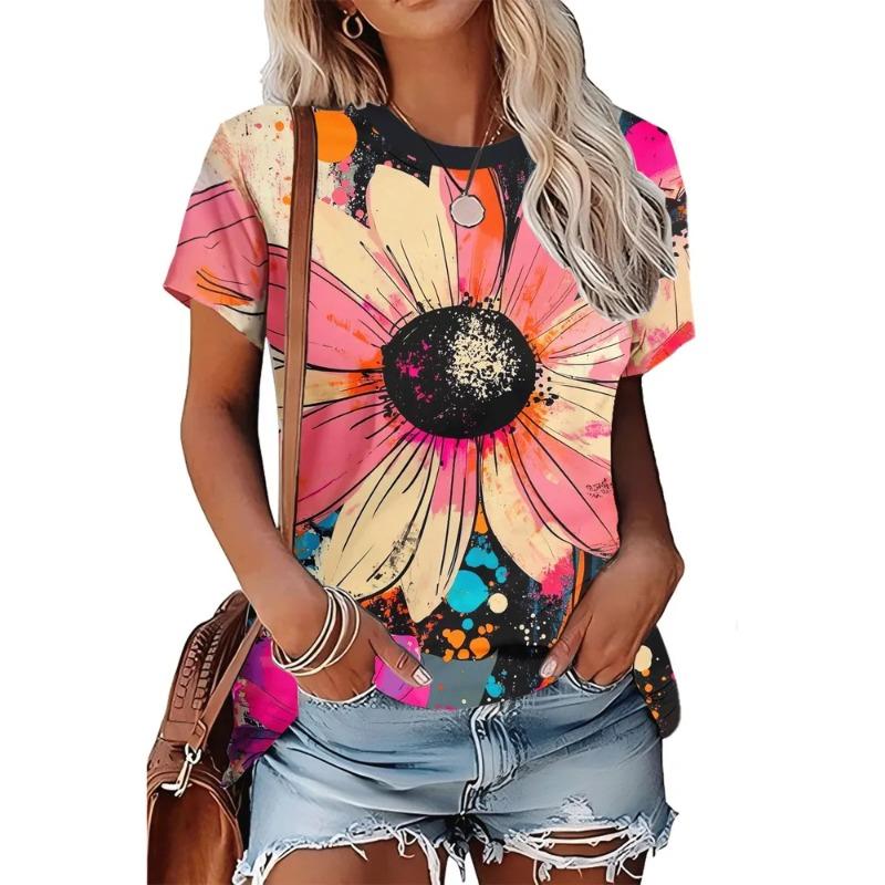 T-shirt da Donna Estiva con Stampa 3D Girocollo Moda Versatile Traspirante Tendenza Casual