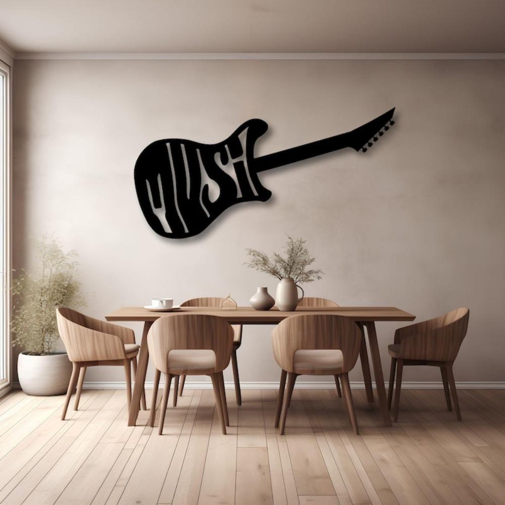 Modern Metal Guitar Wall Art Sculpture, Rock Star Musician Decor, Home Music Studio Decoration, Unique Gift for Music Lover, Black