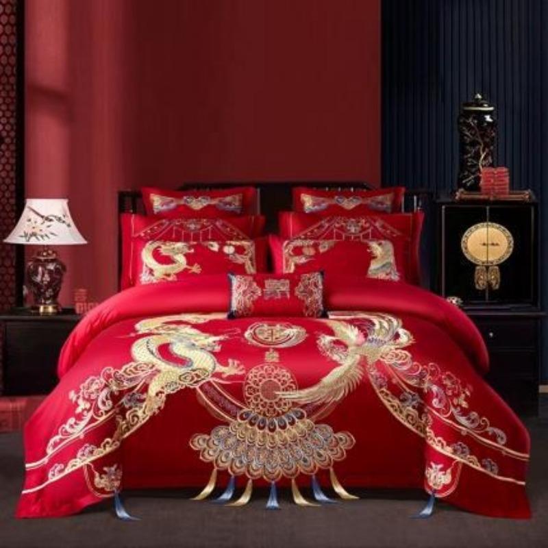 New Chinese style big red embroidery wedding quilt cover polished wedding room bedding wedding four-piece multi-piece set