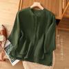 Solid Color Cotton Hemp Stand Collar Seven Point Sleeve Shirt for Women Summer Loose Plus Size Pocket Top Slimming