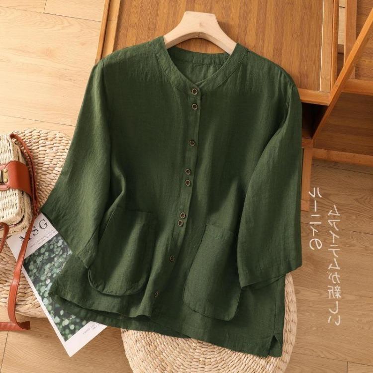 Solid Color Cotton Hemp Stand Collar Seven Point Sleeve Shirt for Women Summer Loose Plus Size Pocket Top Slimming