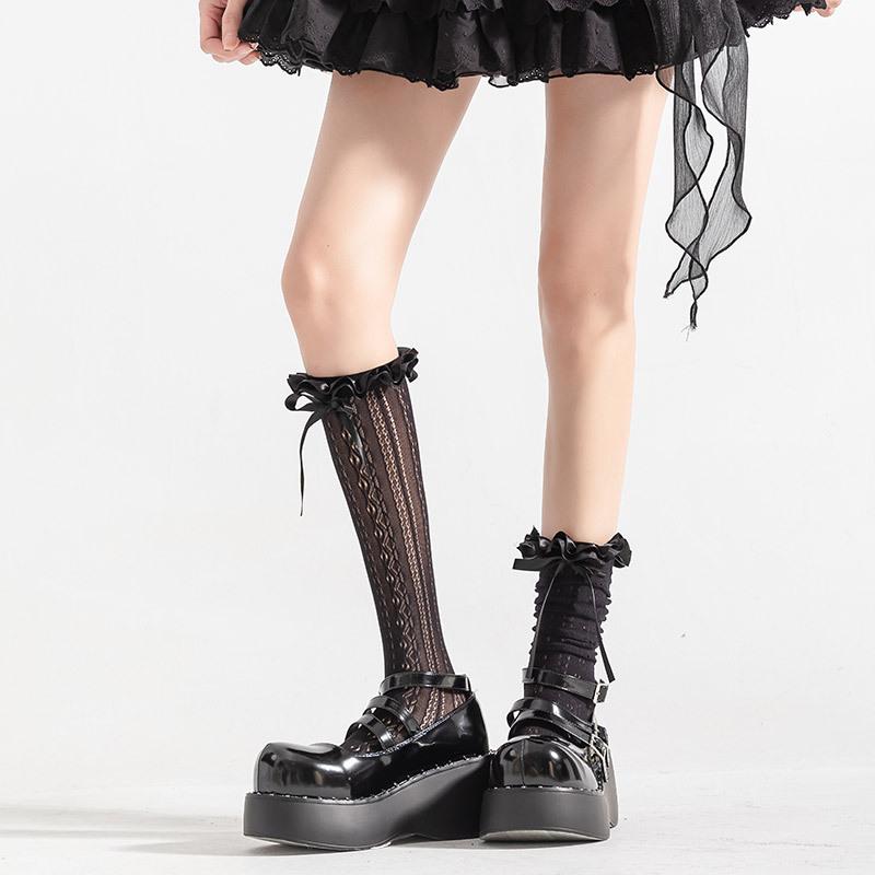 Lace Lace Stockings Children'S Lolita Bow Ribbon Women'S Socks Long Calf Socks Summer Thin Stacking Socks