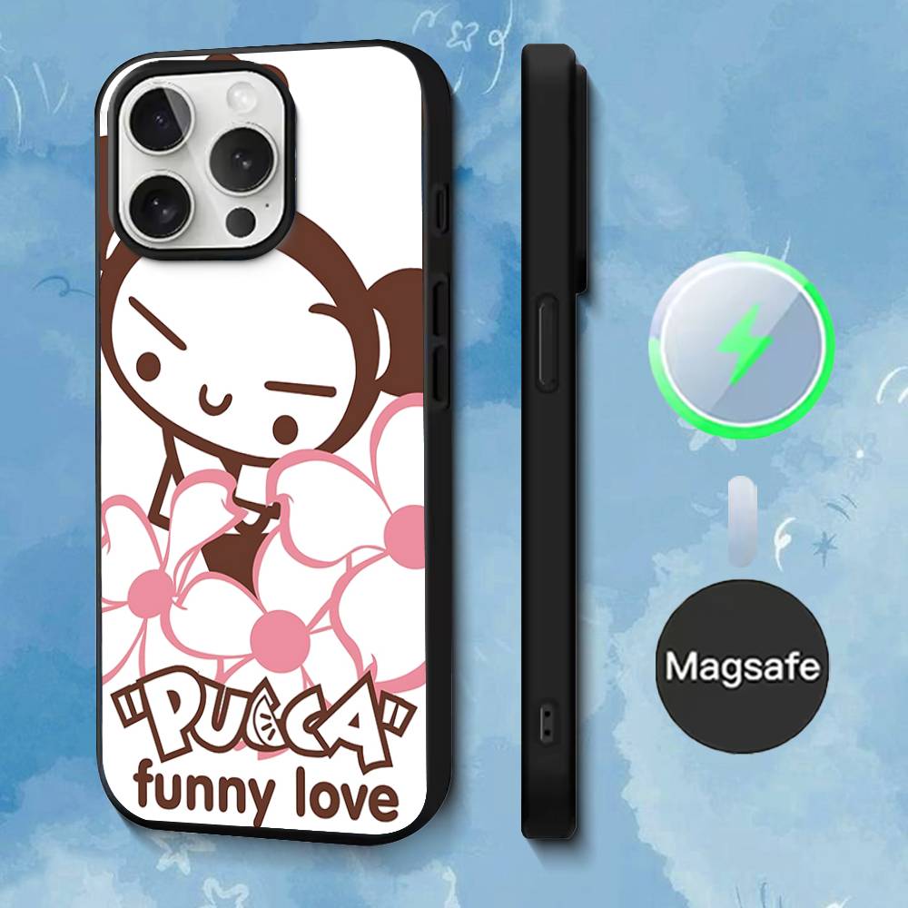 P-Pucca Cute Love Phone Case For iPhone 17,16,15,14,13,12,11,Pro,Max,Plus,Mini,SE4,E Magnetic Magsafe Wireless Charging