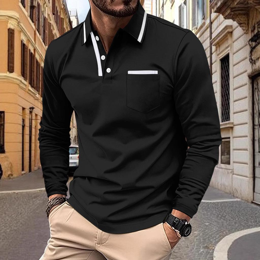 Casual Business Collared Top Spring/Autumn Season Long-Sleeved Polo Shirt Men's Top Skin-Friendly Comfort Solid Colour T-Shirt