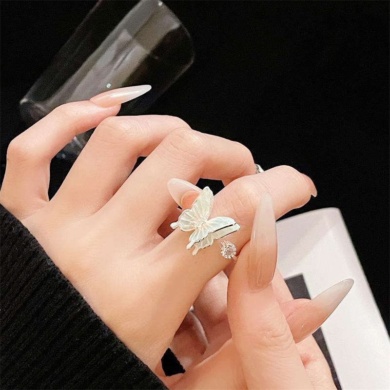 Light Luxury Silver Enamel Butterfly Open Ring Niche Design Sweet Romantic Personality Female Accessories Creative Ring