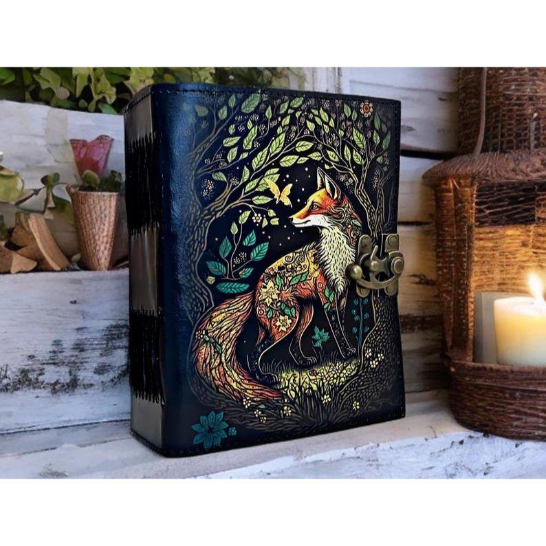 Fox Leather Grimoire •  Handmade Spellbook • Rustic Animal Journal & Gift for Him