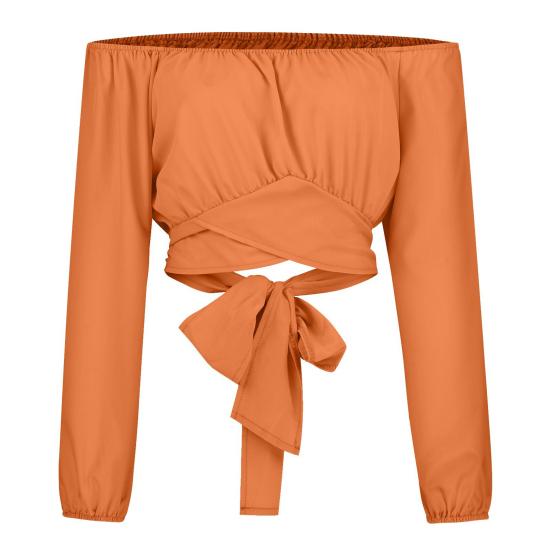 Blusa feminina estampa floral alça cruzada umbigo exposto ombro de fora lanterna manga comprida pulôver top club wear