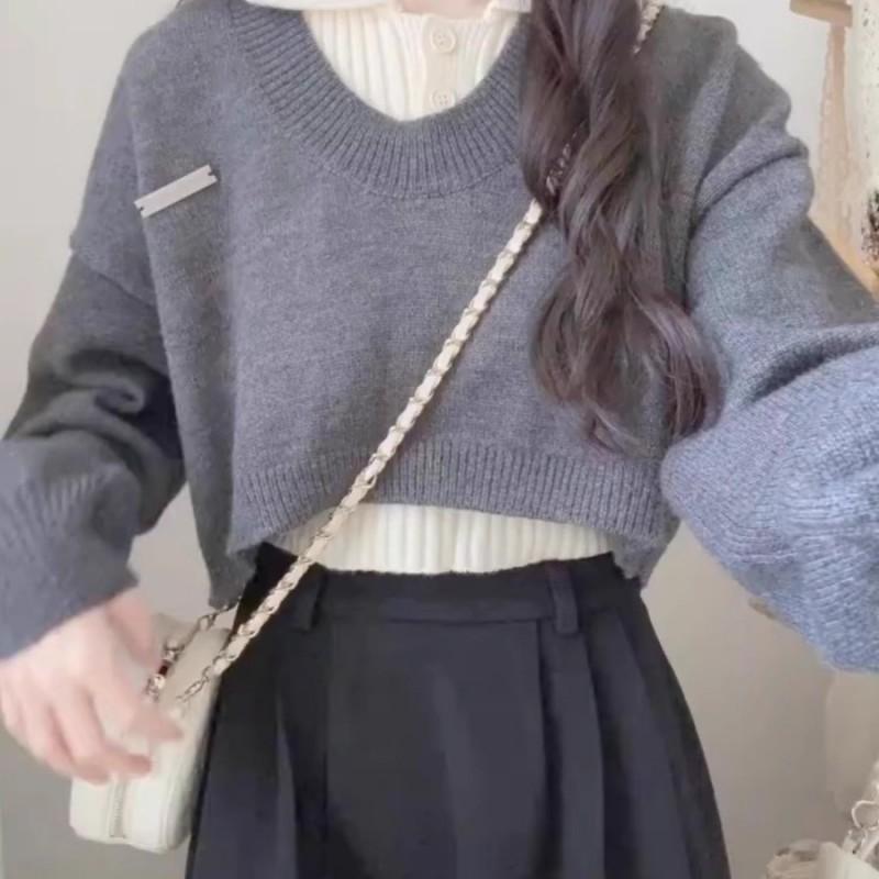 Womens Short Polo Neck Sweater 2 Piece Set Casual Knit Top Slim Waist Winter
