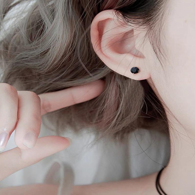 Black Zircon Diamond Stud Earrings with Four-Prong Set, S925 Silver Needle, Versatile Mini Rhinestone Jewelry for Women