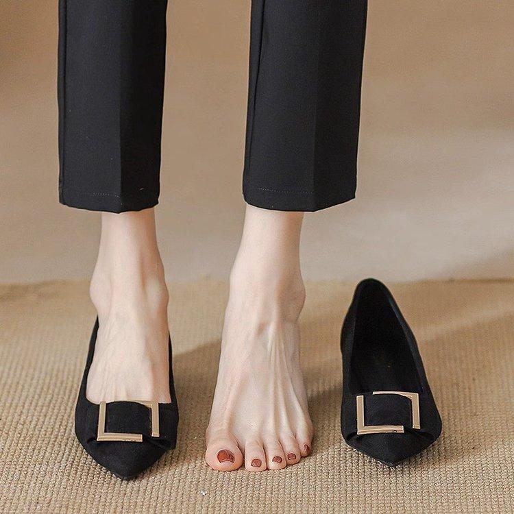 Pointed thick heel single shoes women's middle heel 2025 autumn new light mouth soft sole suede professional work black high heels