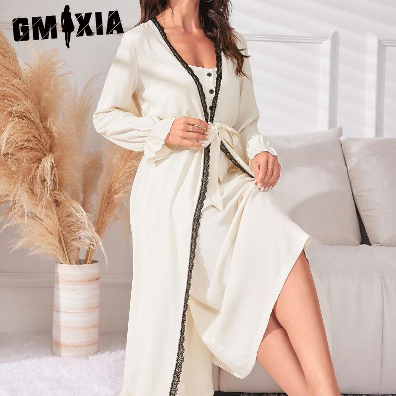 GMXIA Simple Leisure In The Long Section of The Halter Nightgown Robe Female Two-piece Four Seasons Long-sleeved Ladies Home Pajamas