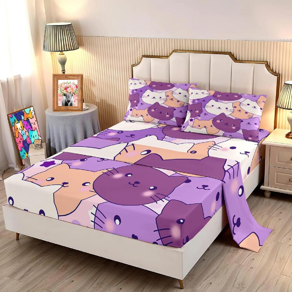 Cute Cartoon Cat Pattern Bed Hat Four-Piece Bedding Set Bedroom Dormitory Bedding Decoration