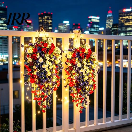 Outdoor Party Decorations Patriotic Hanging Basket, Red White Blue Artificial Flowers for America's Flower Basket 250th Anniversary, UV Fade Resistant