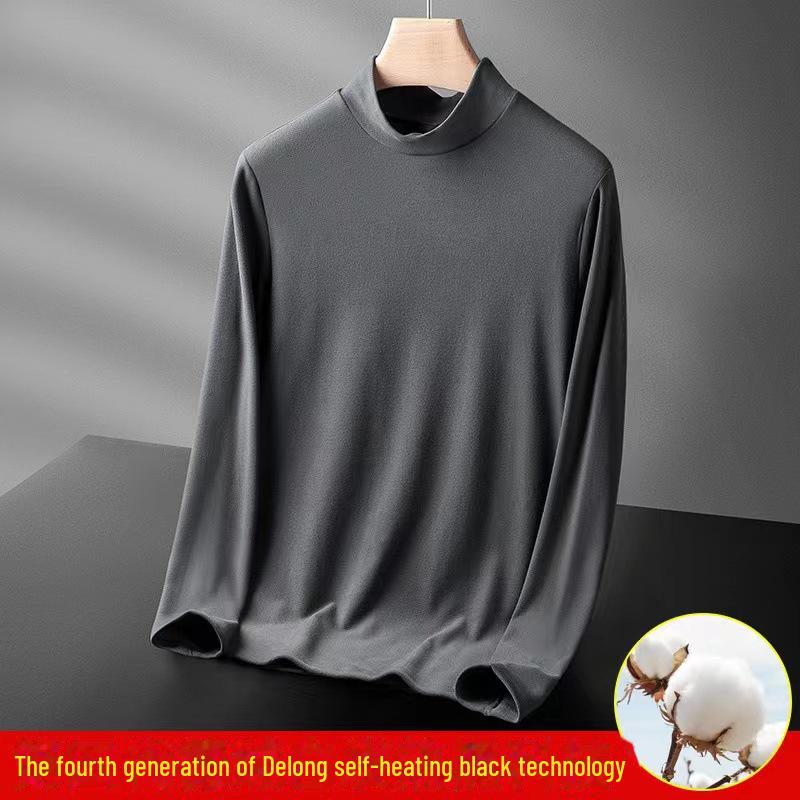 Men's German Velvet Half Turtleneck Long Sleeve Shirt - Solid Color, Thick Double-Sided Velvet, Warm Inner Wear for Autumn/Winter