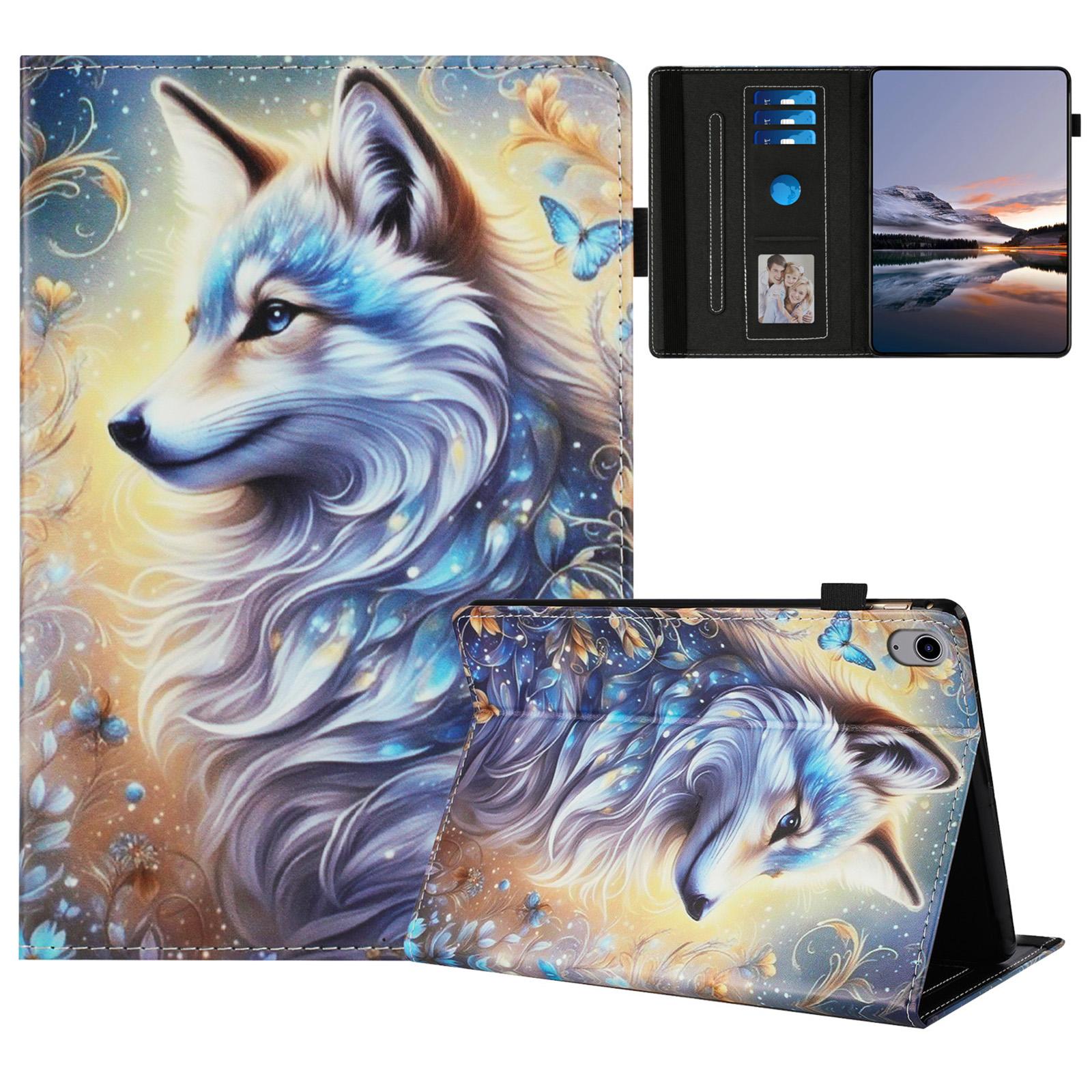 

For iPad (2025)/10.9 (2022) Case Pattern Leather Tablet Cover with Auto Sleep/Wake,Card Holder White Wolf