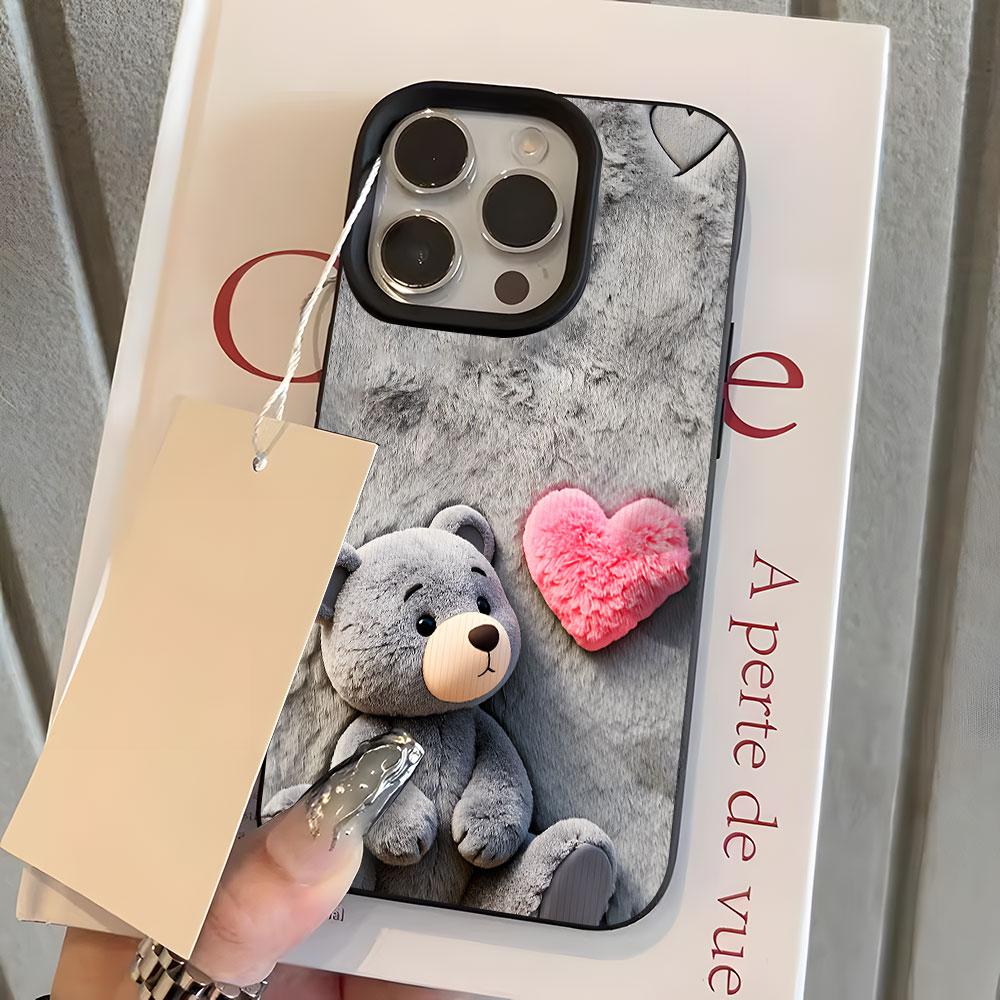 Cute Teddy Bear Heart Pattern Lychee Soft Phone Case For iPhone 17 16 15 14 13 12 11 Pro Max 15 14 Plus X Xs XR 17 Air Cover