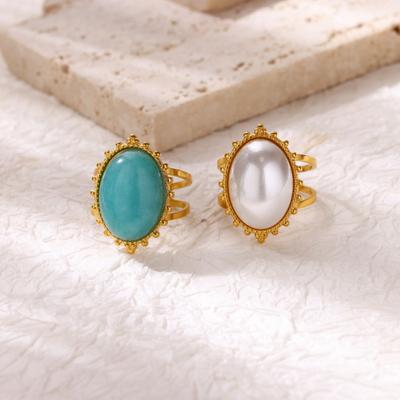 Gold Plated Stainless Steel Stone Ring Vintage Women's Blue Personality Open Ring New