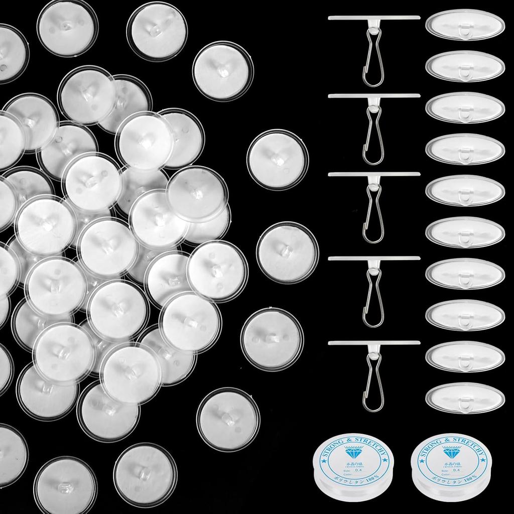 10-Pack Self-Adhesive Ceiling Hooks with 80ft Hanging Line for Paper Lanterns Hanging, Removable Sticky Damage-Free No-Drill Ceiling Wall Hooks for