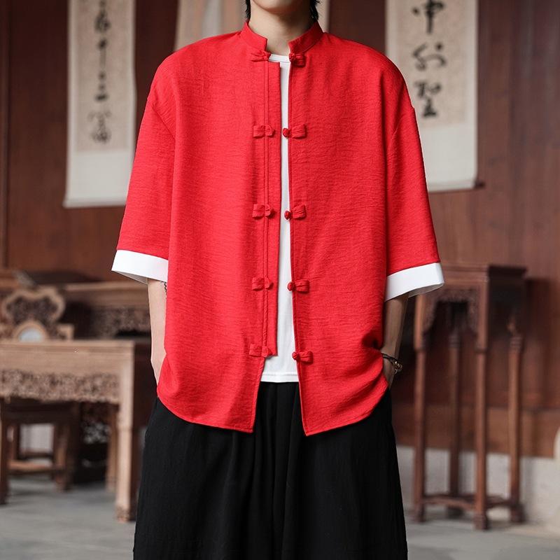 Mens White Chinese Style Mandarin Collar Frog Button Short Sleeve Shirt