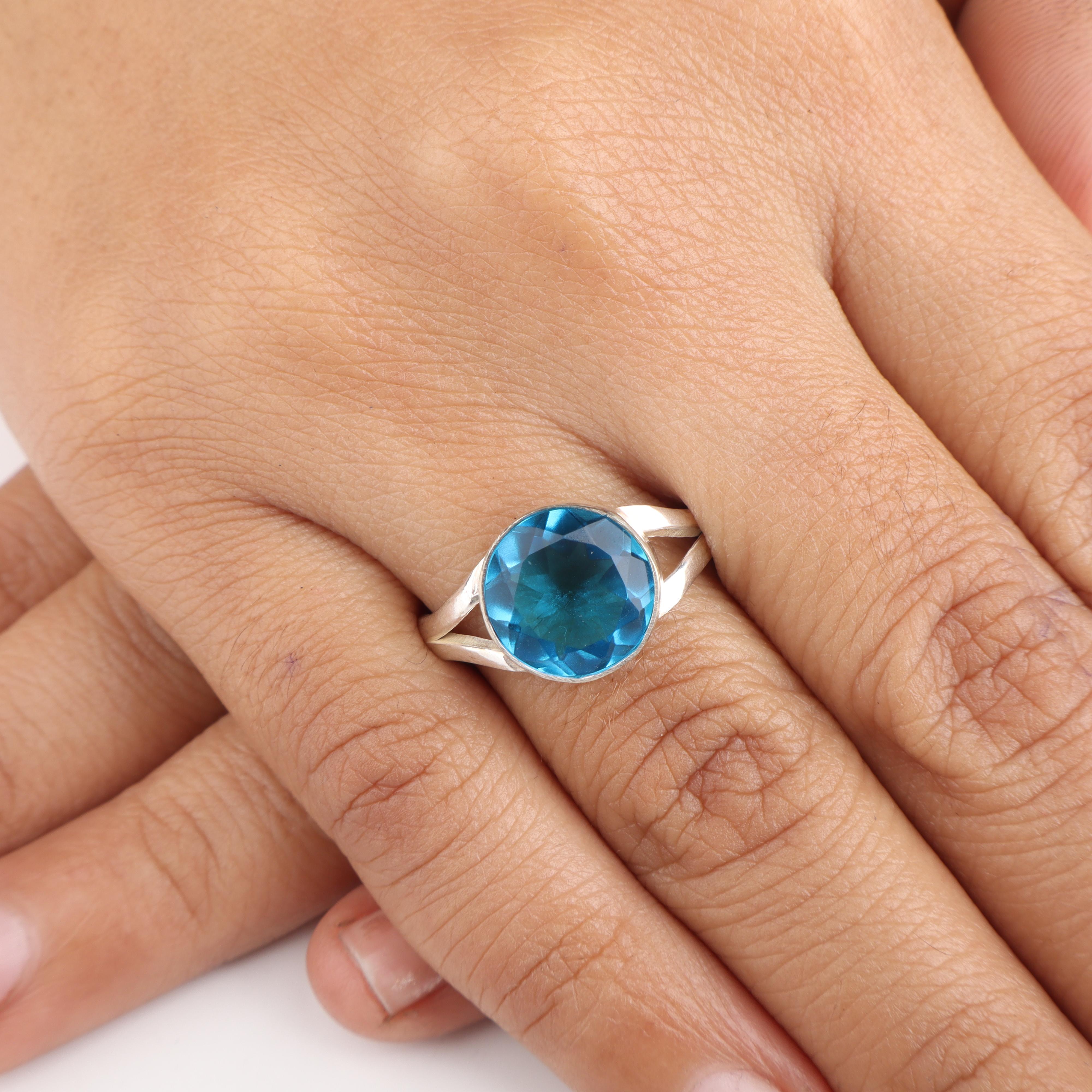 

Swiss Blue Topaz Gemstone Silver Ring, 925 Sterling Silver Blue Topaz Ring, Round Bezel Set Ring, December Birthstone Gift RR-83-2 13
