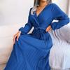 Elegant V Neck Long Sleeve Pleated Long Dress Women Autumn Office-lady Long Sleeve Loose Lace-up Dresses Fashion Clothes 29237